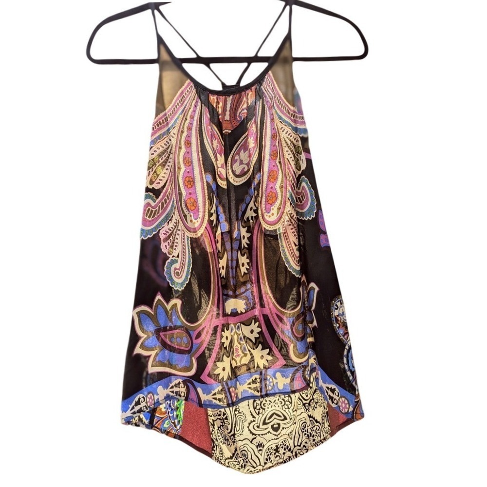 XS 100% Silk Paisley Beaded Back Halter Cami Top Festival Indie Jaloux 17" p2p